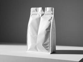 White paper doypack placed on podium on empty background. photo
