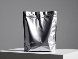 silver paper doypack placed on a podium on a blank background. photo