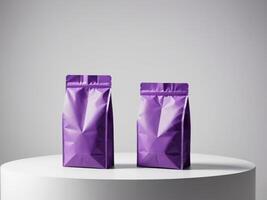 purple paper doypack placed on a podium on an empty background. photo