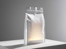 White paper doypack placed on podium on empty background. photo