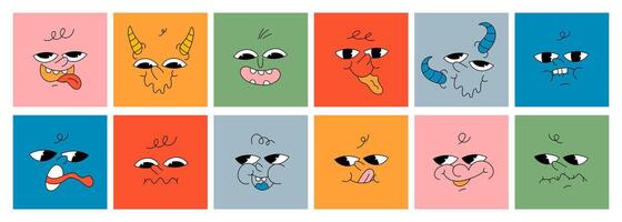 Square abstract comic Faces with various Emotions. Different colored characters. Cartoon style. Flat design. Hand drawn trendy illustrations. Every face is isolated vector