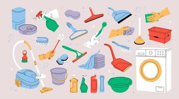 Set of Various Cleaning items. Household equipment and detergents. Spray, mop, rag, bucket and bottles. Design elements for stickers. Flat collection isolated on beige background vector