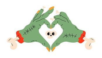 Zombie hands show heart gesture. Cute evil hands with torn off fingers covered in blood. stock illustration on isolated white background. vector