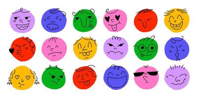 Round abstract comic Faces with various Emotions. Crayon drawing style. Different colorful characters. Cartoon style. Flat design. Hand drawn trendy illustration. Every face is isolated vector