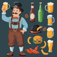 set of elements on the Oktoberfest theme. Glasses of beer, bottles of beer, hamburger, frying sausages and more. vector
