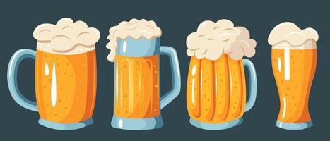 Four glasses of beer with foam on top. The glasses are all different sizes and are arranged in a row vector