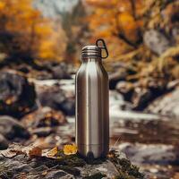 Silver water bottle on stone in jungle generated by AI photo