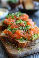 Delicious sandwich salmon and salad generated by AI photo