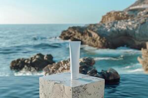 Empty mockup of sunscreen tube in summer on beach generated by AI photo