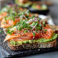 Delicious sandwich salmon and salad generated by AI photo