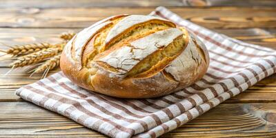 Freshly baked rustic bread on striped cloth with wheat on wooden table. Generated Ai. photo