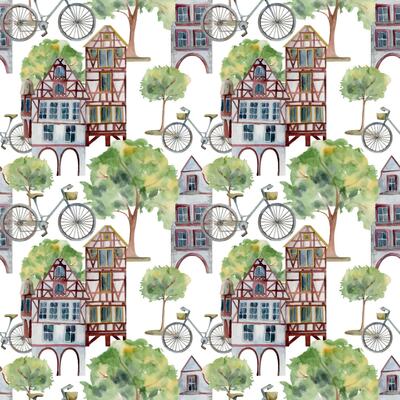 Old European city town village houses street view. Historical cityscape building, green hedge trees, parked bicycle. Watercolor hand drawn seamless pattern. Tourist shops, souvenirs, travel brochures
