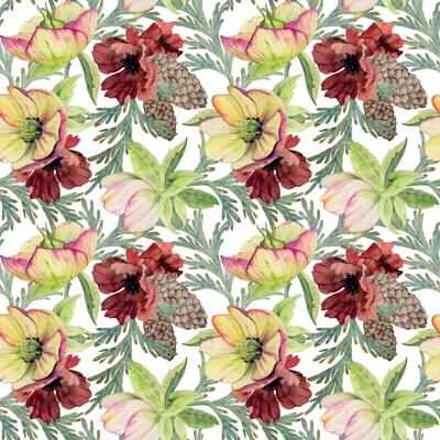 Poppy anemone flower, spruce fir tree cones, juniper branches. Watercolor hand drawn illustration seamless pattern isolated on white. Xmas, happy new year festive, noel navidad holiday. Paper, textile