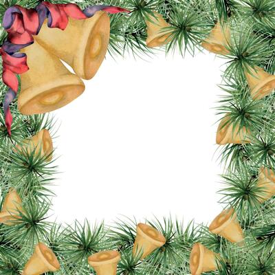 Pine tree, fir tree, spruce branches, gold bell with ribbon bow. Watercolor hand drawn illustration, border frame isolated on white. Xmas, happy new year festive, noel navidad. Cards, gifts, florist.