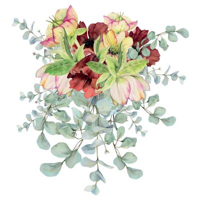 Hellebore, poppy anemone peony flowers, eucalyptus branches. Watercolor hand drawn illustration, bride bouquet isolated on white. Xmas, happy new year festive, noel navidad holiday. Florist wedding.