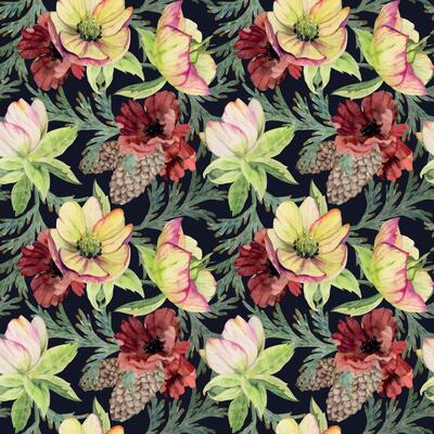 Poppy anemone flower, spruce fir tree cones, juniper branches. Watercolor hand drawn illustration seamless pattern isolated on dark. Xmas, happy new year festive, noel navidad holiday. Paper, textile
