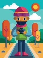 Photographer in Colorful Beanie Captures Serenity on Tree-Lined, Quiet Road vector