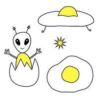 Alien, spaceship, fried egg baby cute set. Illustration. Funny children alien character. Linear simple drawing for kids print, coloring book and clothes. Hand drawn sketch doodle style. vector