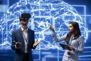 Technicians use VR smart goggles and AI neural networks to solve company problems. IT specialists using artificial intelligence and AR virtual reality tech to visualize startup business data photo