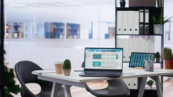 Empty office with stock exchange portfolio on devices containing collection of investment bonds and other financial assets. Real time index indices showing stock demand surge on laptop and tablet photo