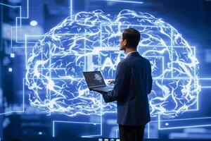 Developer using laptop to implement artificial intelligence parallel processing, breaking up complex computational tasks enabling AI systems to process more input data faster in modern lab photo