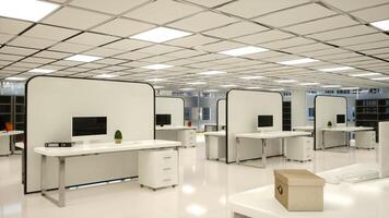 Spacious open floor plan space with organized desks and work cubicles, modern high end decorations. Illustration of an empty professional minimalist workspace, efficient business office. photo