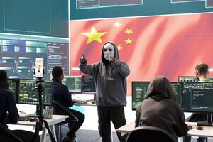 Chinese anonymous criminal recording himself asking for ransom, hacking intelligence systems and spreading false information, misleading. Autocracy communism doctrine in hybrid war. photo