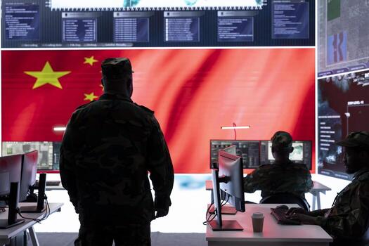Chinese military officer analyzing information on big screen in a command center base of operations. Chinese flag running on display while soldiers inflict fear through fake news, national security. photo