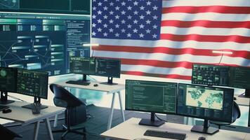 Empty cybersecurity operations center featuring an American flag. Highlighting IT, digital security and advanced technology for secure computing and cyber intelligence. Hybrid warfare. Camera B. photo