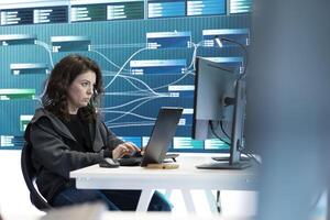 Female governmental hacker examines data on a computer in agency center, using advanced technology to secure national servers. Working on cyber security and defending against threats. photo