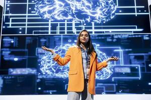 Portrait of speaker talking at event bringing together industry professionals to share insights on latest advancements in AI. CEO promoting artificial intelligence services at at expo photo