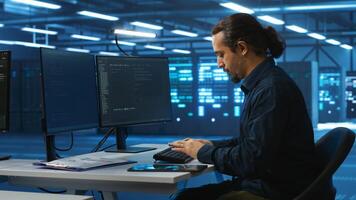 System administrator in server room doing system analysis, coding, doing needed adjustments for supercomputers to run. Specialist working in high tech facility housing advanced storage infrastructure photo