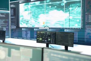 High tech governmental cyber security room without staff at work. Preventing cyber threats, phishing attacks and data breaches with advanced network security and digital protection. photo