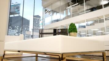 Luxurious office headquarters featuring a modern reception area with a panoramic city view. Contemporary design, natural light and minimalist decorations create a clean welcoming space. photo
