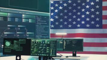 Empty high tech office with a big screen showing an American flag, representing cybersecurity operations. Encryption, malware detection and security protocols to ensure data security. Camera A. photo