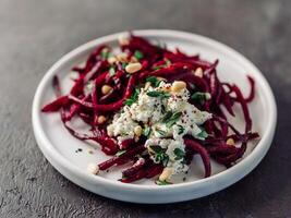 Raw beetroot spaghetti salad with soft cheese, nuts, thyme. Vegetable noodles - Fresh Beetroot Noodles with Ricotta and fresh thyme on plate. Copy space. Clean eating, raw vegetarian food concept photo
