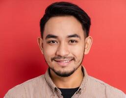 A men with 30 years old looking at the camera with excited facial expression in front of the red background photo