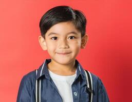 A boy looking at camera with excited face expression in front of the red background photo