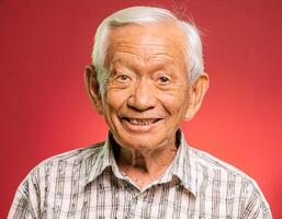 A men with 100 years old looking at the camera with excited facial expression in front of the red background photo