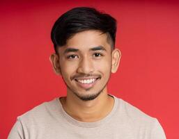A men with 21 years old looking at the camera with excited face expression in front of the red background photo