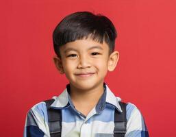 A boy looking at camera with excited face expression in front of the red background photo