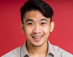 A men with 21 years old looking at the camera with excited face expression in front of the red background photo