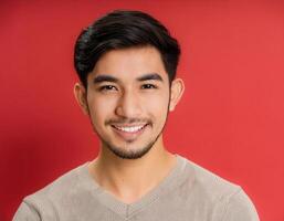A men with 21 years old looking at the camera with excited face expression in front of the red background photo