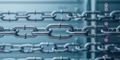 secure data network connection silver metal chain links close-up with server rack in background abstract concept for cybersecurity, data security, int photo