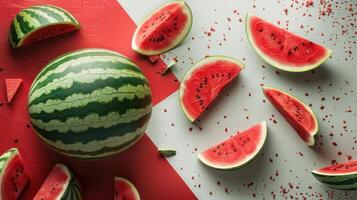 Fresh Watermelon Slices and Whole Melon on Red and White Background - Summer Fruit Concept photo