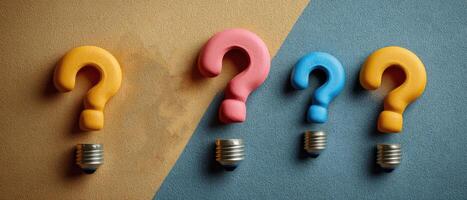 Colorful Question Marks on a Split Background Representing Curiosity and Inquiry photo