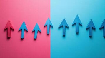 Colorful Arrows on Pink and Blue Background Symbolizing Direction, Choice, and Progress in Business and Personal Development photo
