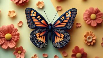 Vibrant Butterfly with Colorful Wings Surrounded by Decorative Flowers on a Pastel Background photo