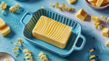 Freshly Cut Butter in Blue Ceramic Dish with Decorative Swirls on Light Blue Background photo