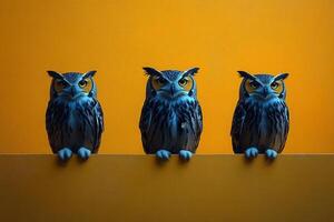 Three Owls Perched on a Yellow Wall with a Vibrant Orange Background photo